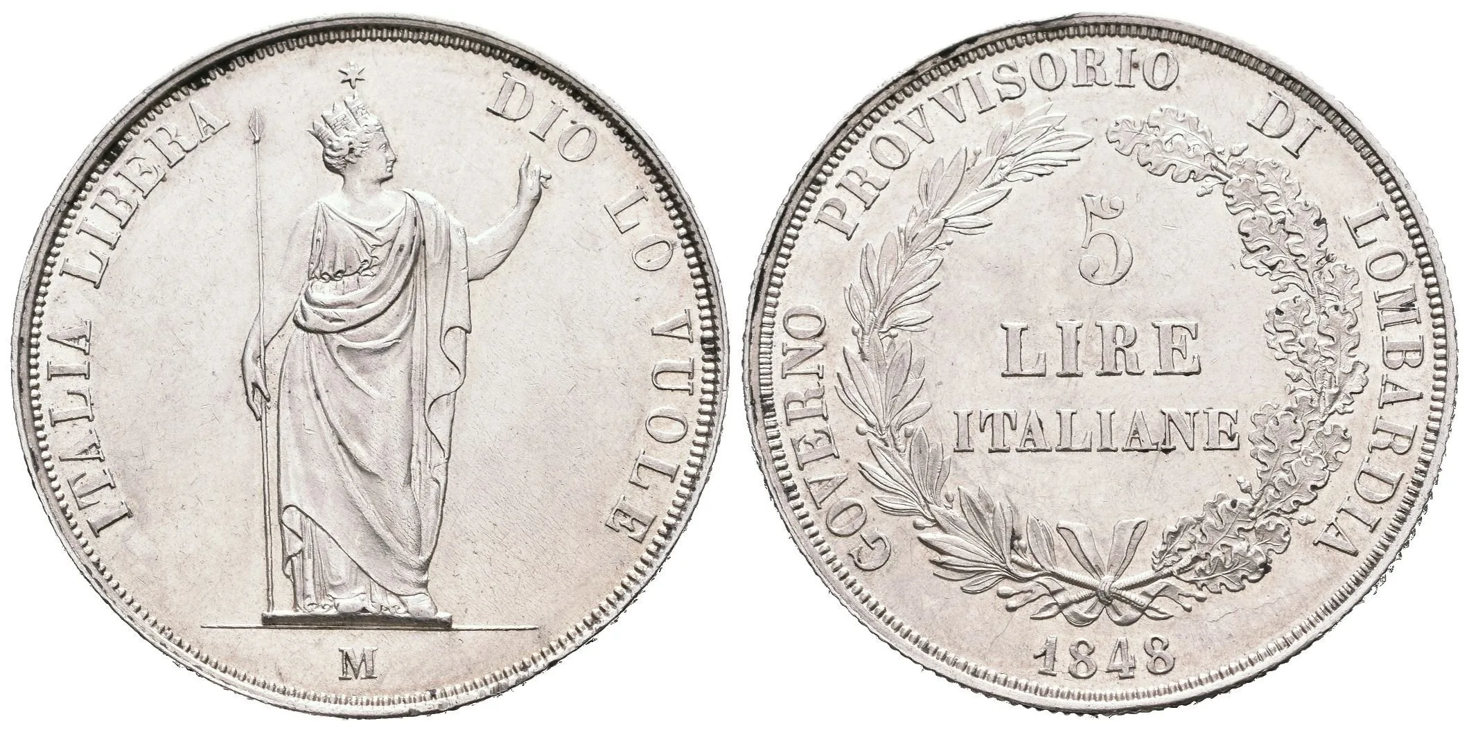 5 Lira 1848 M, Milano, krátké konce ratolestí, hvězda blízko od koruny, Ves.12a, KM.22.3, — 1