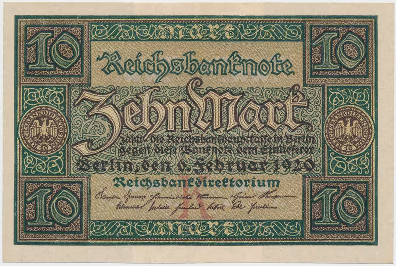 Německo, 10 Mark 1920, 7-místný číslovač, Ro.63a