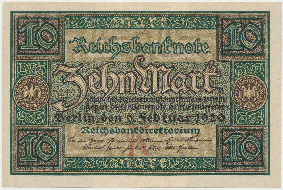 Německo, 10 Mark 1920, 7-místný číslovač, Ro.63a