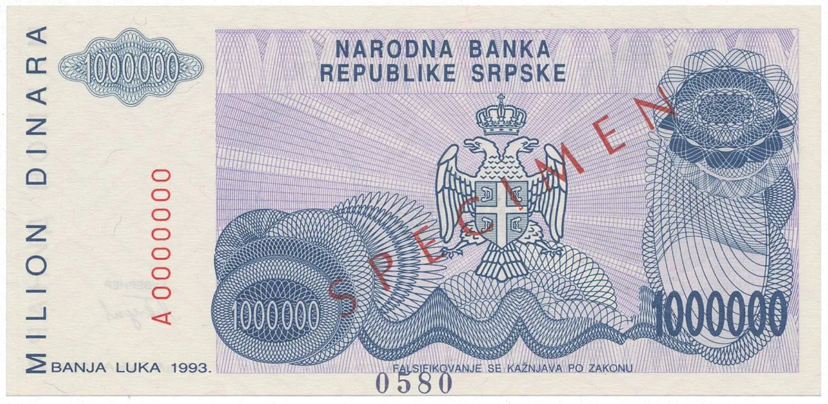 Bosna a Hercegovina, 1 Milion Dinara 1993, bankovní vzor, A 0000000, přet. SPECIMEN, P.152s