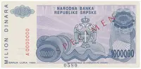 Bosna a Hercegovina, 1 Milion Dinara 1993, bankovní vzor, A 0000000, přet. SPECIMEN, P.152s