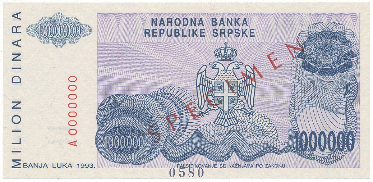 Bosna a Hercegovina, 1 Milion Dinara 1993, bankovní vzor, A 0000000, přet. SPECIMEN, P.152s