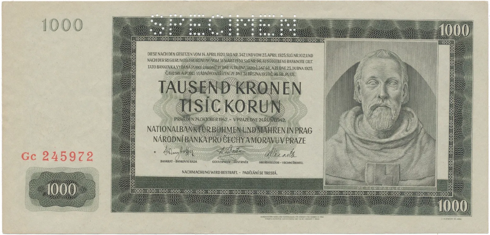 1000 Koruna 1942, II. vydání, SPECIMEN, Hej.39b.S1