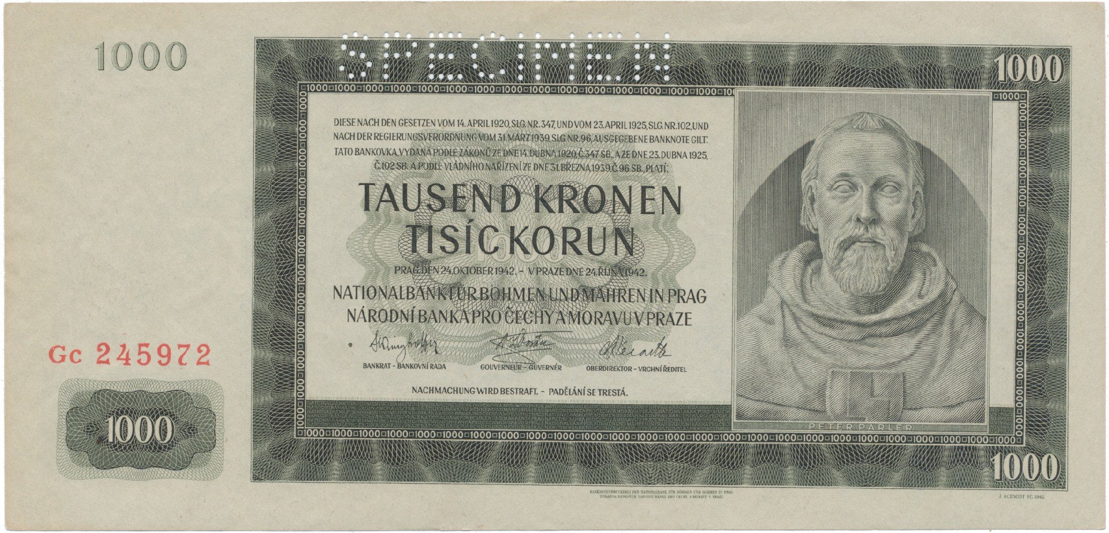 1000 Koruna 1942, II. vydání, SPECIMEN, Hej.39b.S1