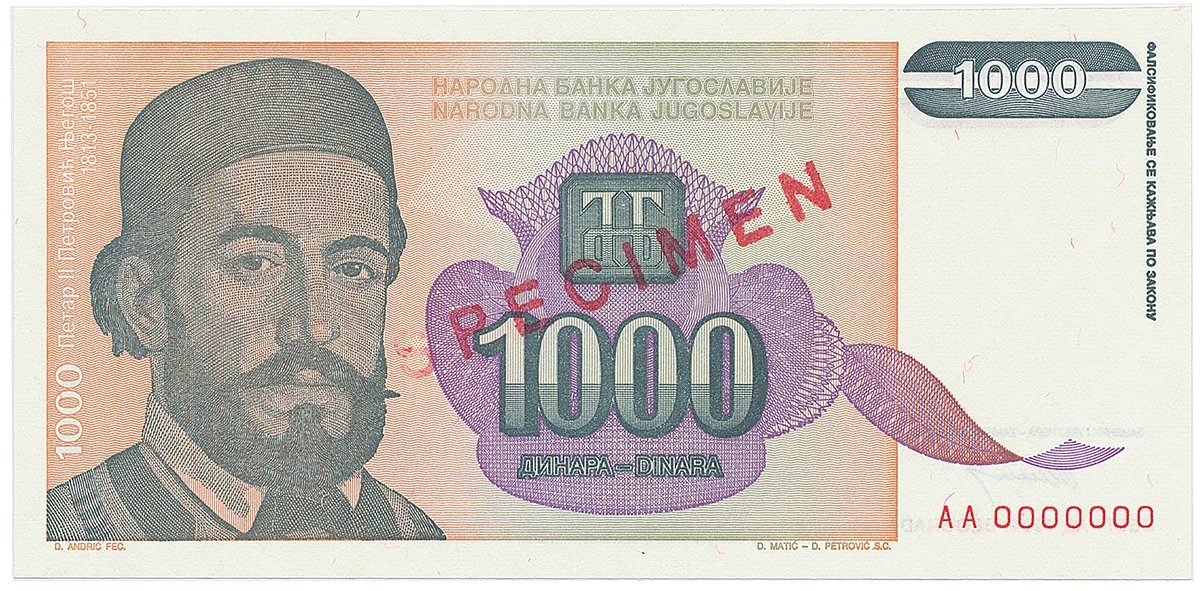 Jugoslávie, 1000 Dinara 1994, anulát AA 0000000, razítko SPECIMEN, P.140