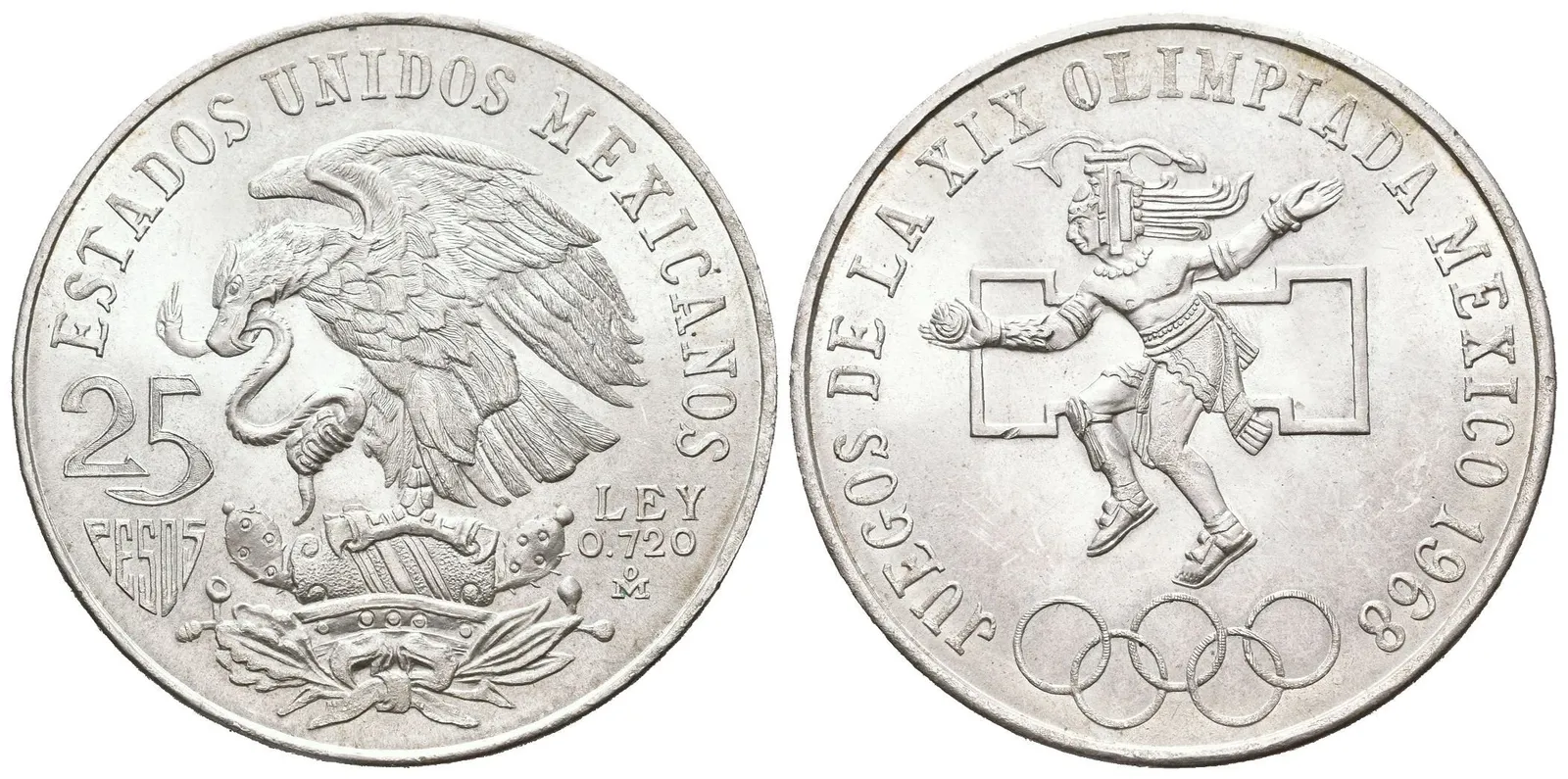 25 Pesos 1968 - Olympijské hry v Mexico City, olympijské kruhy v přímce, Ag — 1