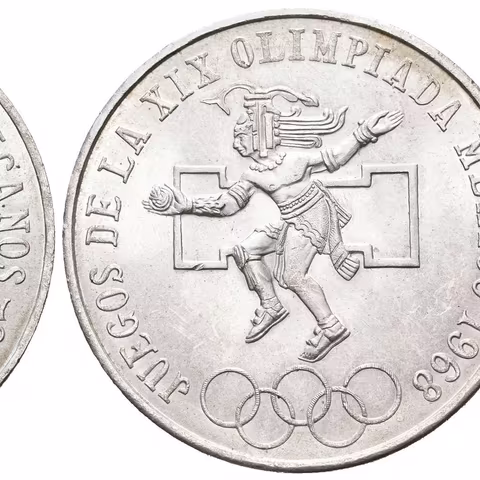 25 Pesos 1968 - Olympijské hry v Mexico City, olympijské kruhy v přímce, Ag