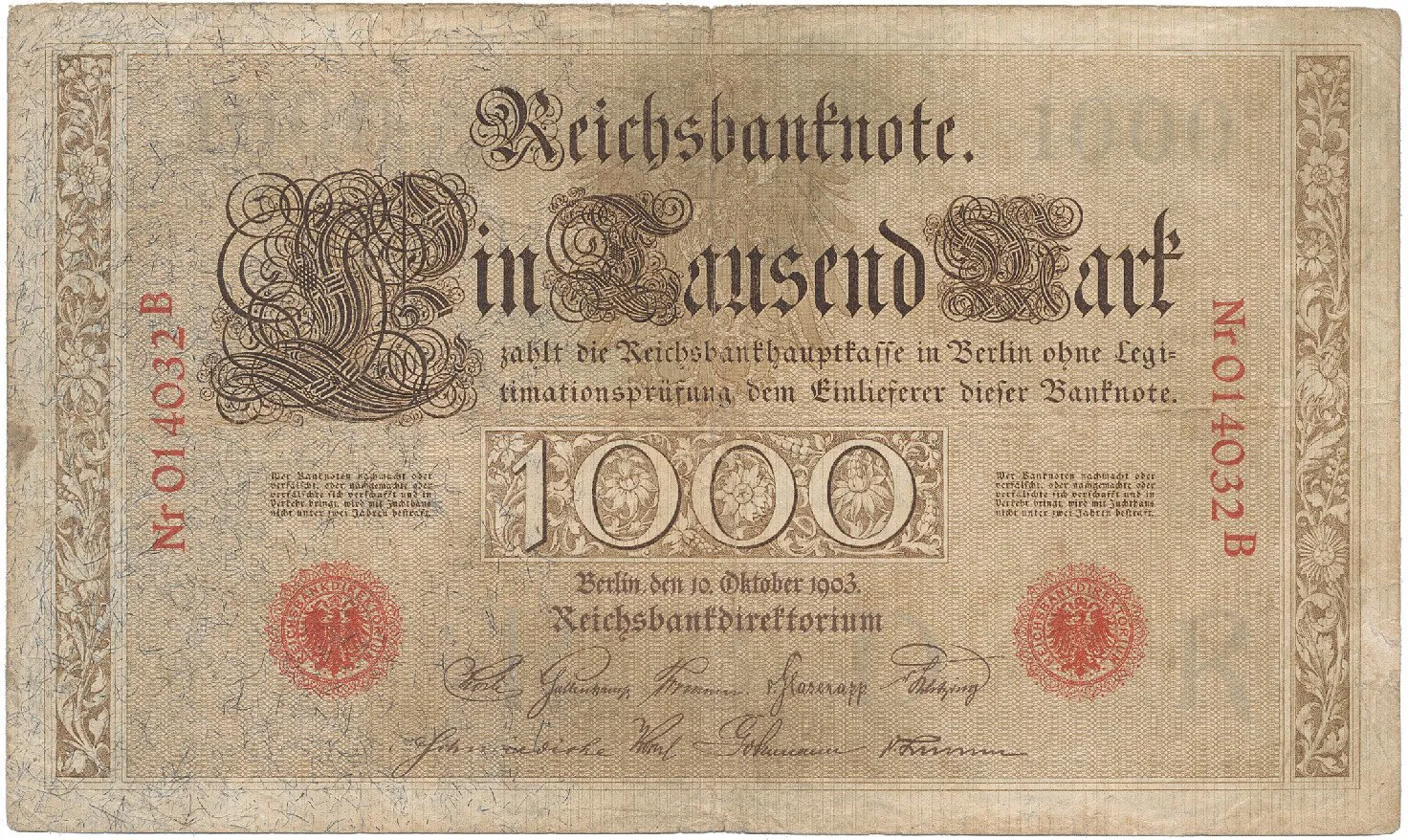 Německo, 1000 Mark 1903, Ro.21, 1x natrž. 4 mm