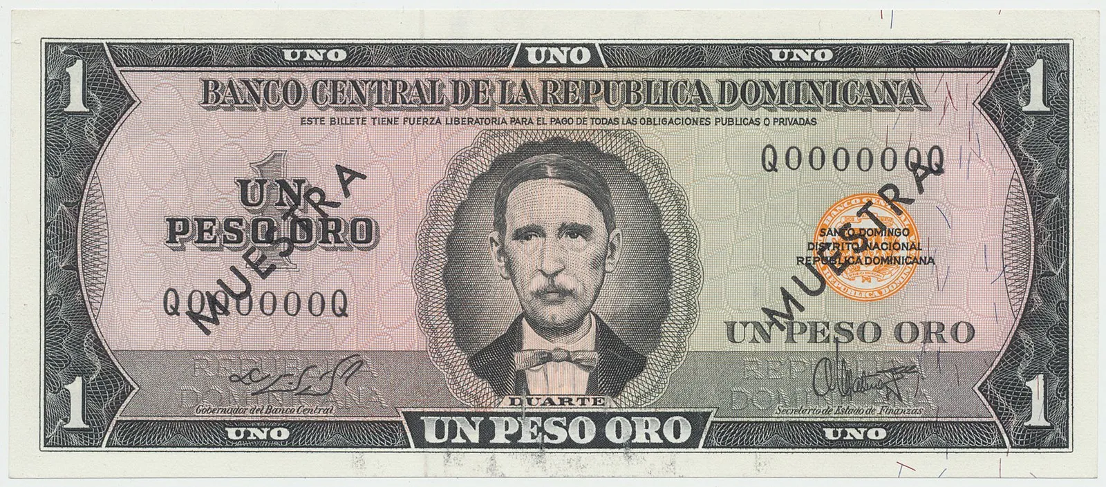Dominikánská republika, 1 Peso Oro (1964~1974), bank. vzor, Q000000Q, přetisk 2x MUESTRA, P.99s4