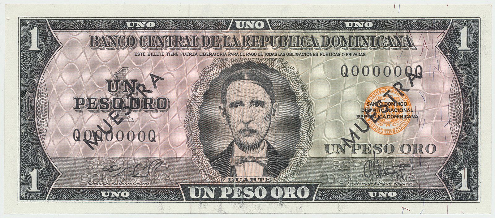 Dominikánská republika, 1 Peso Oro (1964~1974), bank. vzor, Q000000Q, přetisk 2x MUESTRA, P.99s4
