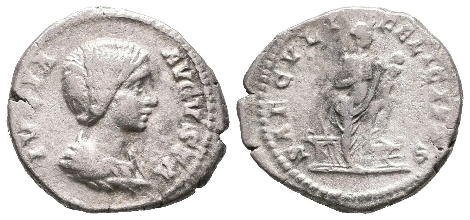 Denár, 196 - 211, Rv: SAECVLI FELICITAS, stojící Isis zprava drží na levé ruce malého — 1