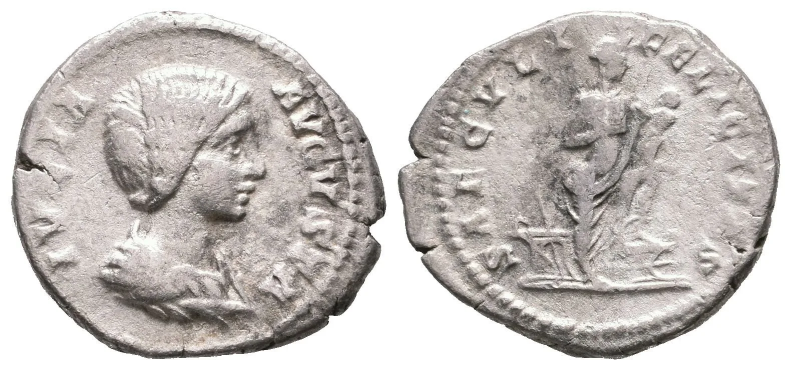 Denár, 196 - 211, Rv: SAECVLI FELICITAS, stojící Isis zprava drží na levé ruce malého — 1