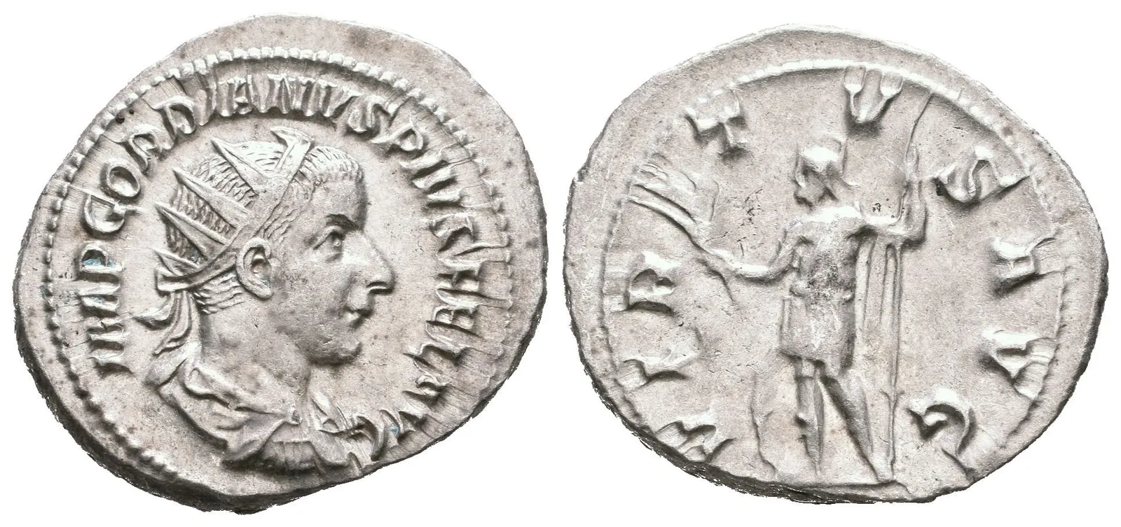Antoninian, 240, Rv: VIRTVS AVG, stojící Virtus čelně drží oštěp, u nohou — 1