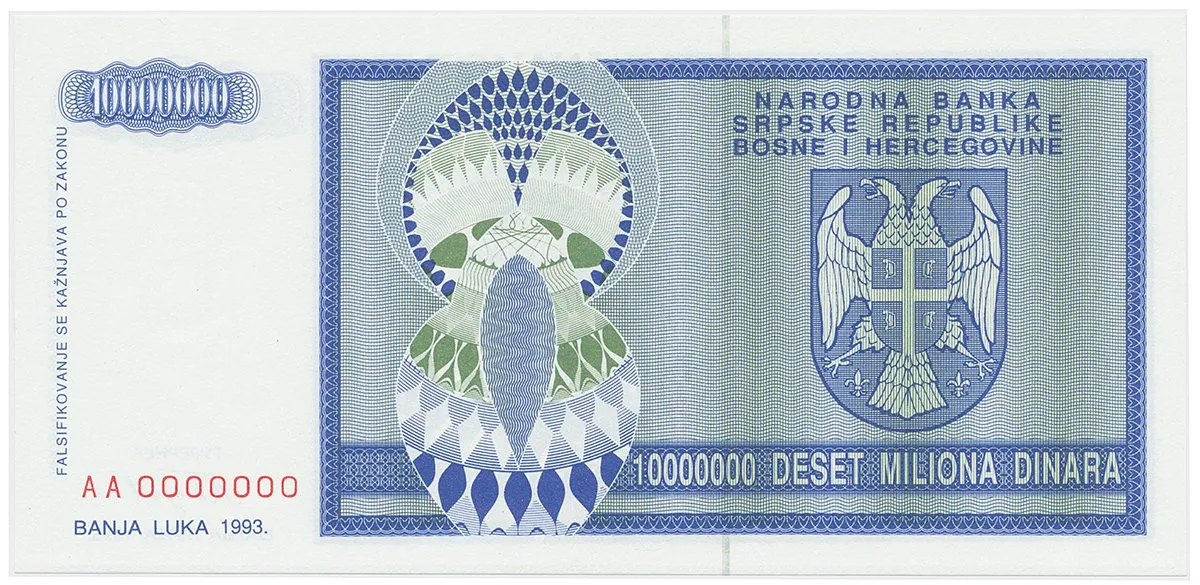 Bosna a Hercegovina, 10 Miliona Dinara 1993, anulát, AA 0000000, P.144