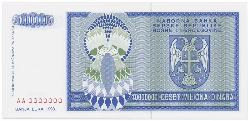 Bosna a Hercegovina, 10 Miliona Dinara 1993, anulát, AA 0000000, P.144