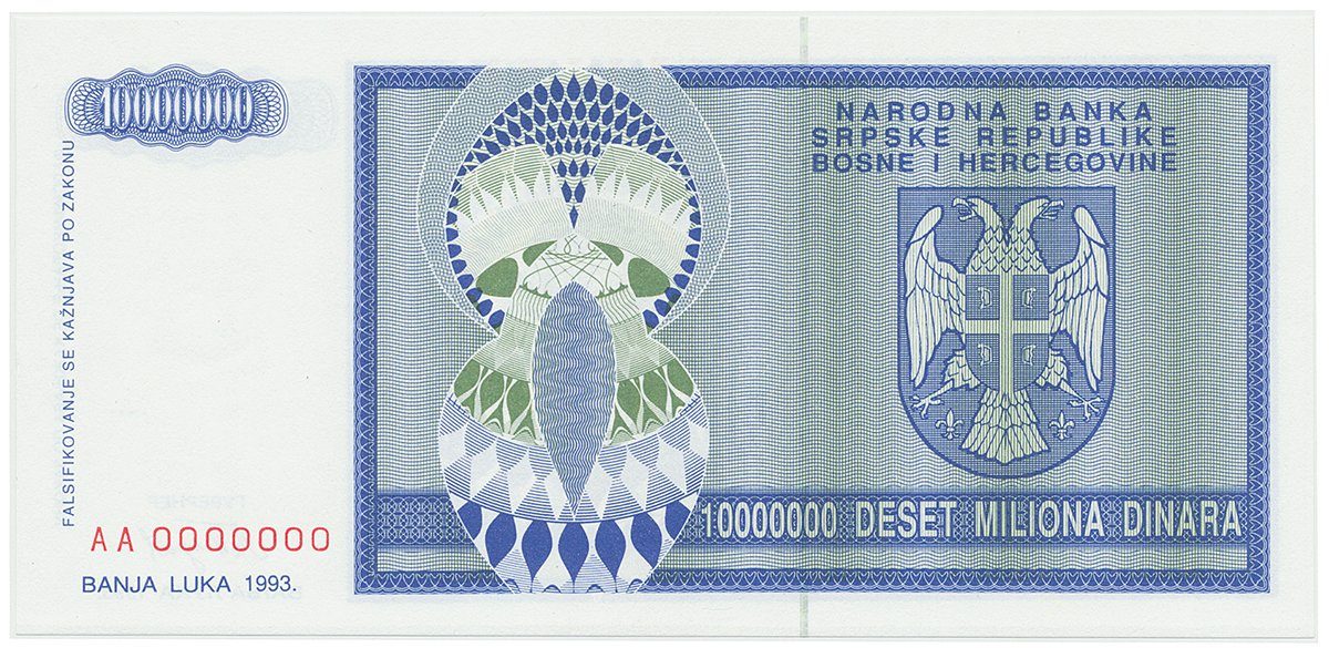 Bosna a Hercegovina, 10 Miliona Dinara 1993, anulát, AA 0000000, P.144