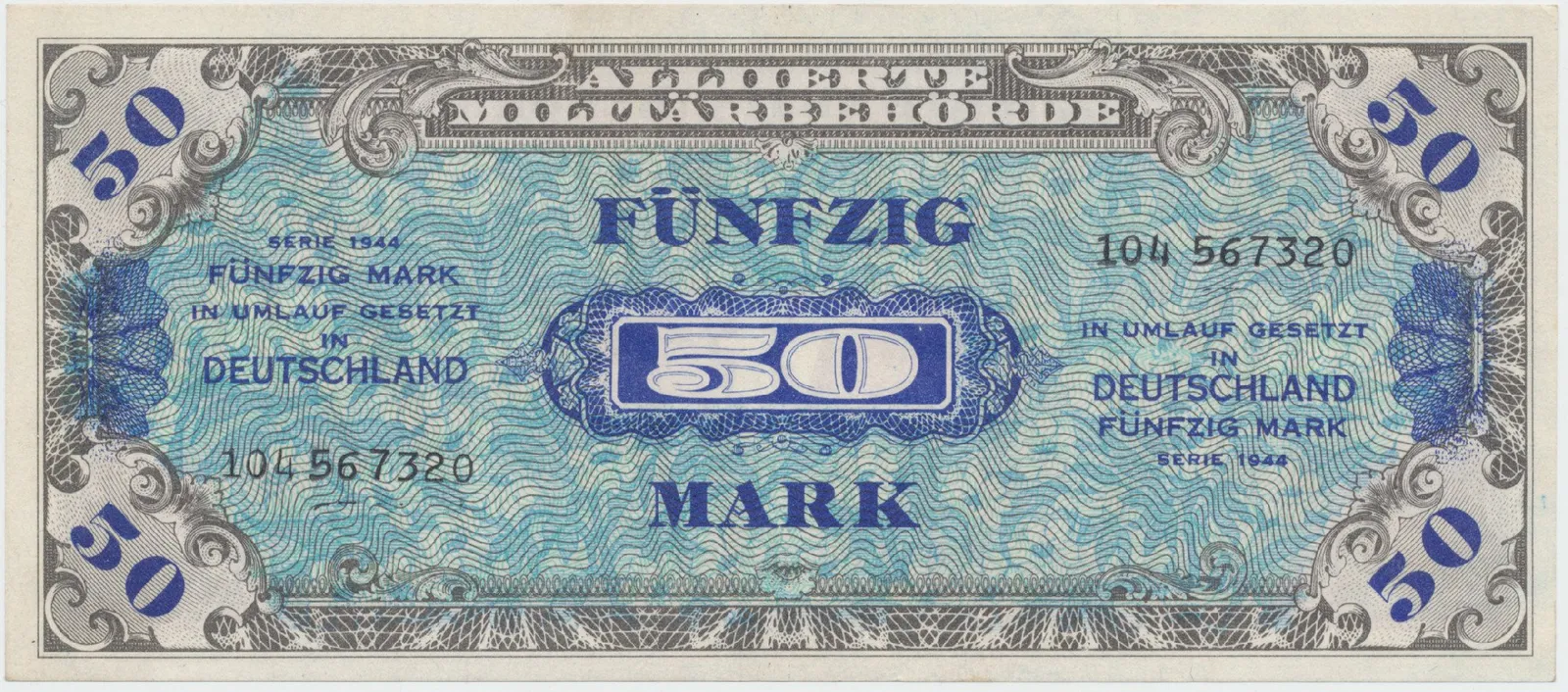 Okupační poukázky Allierte, 50 Mark 1944, tisk SSSR, 9-místný číslovač, Hej.AM6c