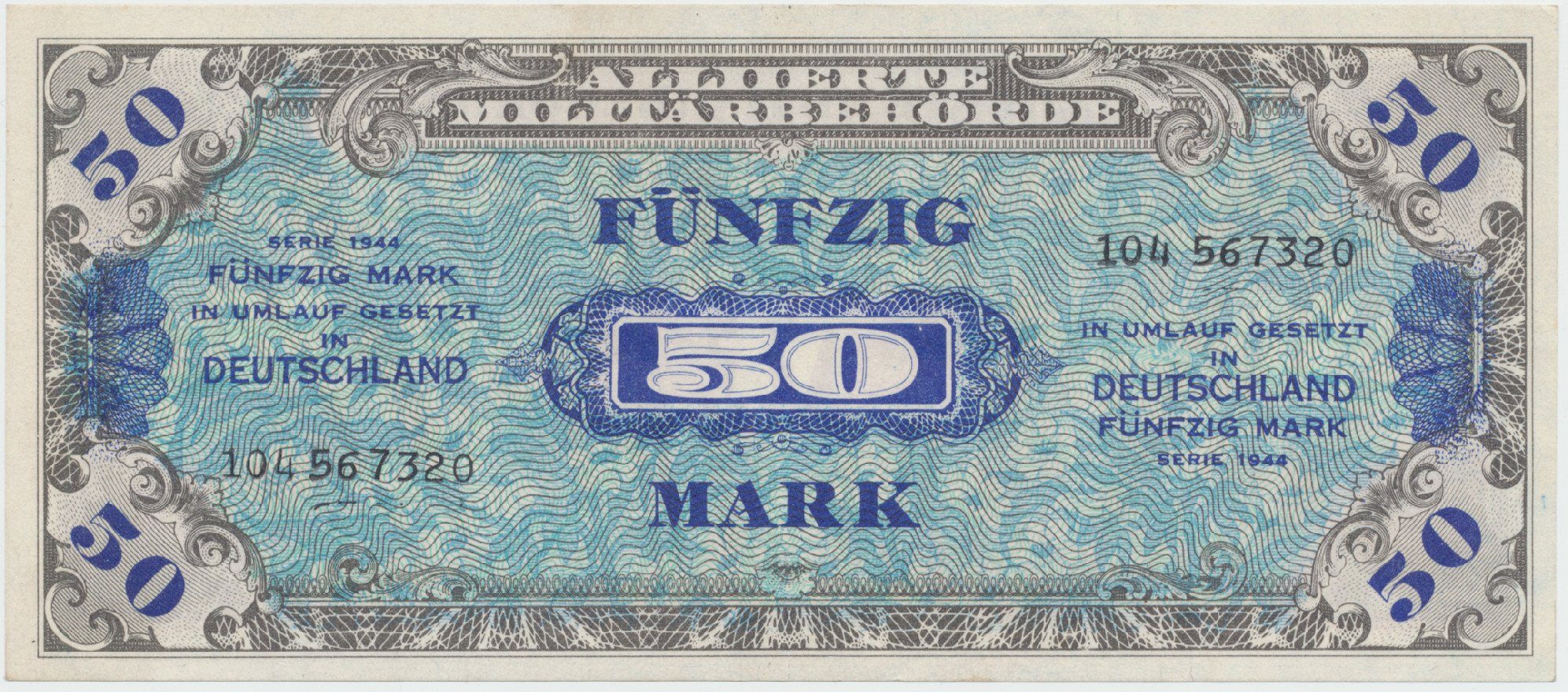 Okupační poukázky Allierte, 50 Mark 1944, tisk SSSR, 9-místný číslovač, Hej.AM6c