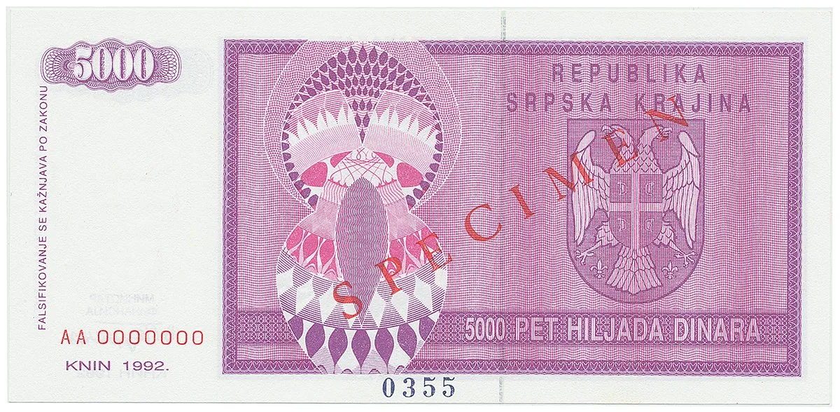 Chorvatsko - Srbská Krajina, 5000 Dinara 1992, bankovní vzor, AA 0000000, přet. SPECIMEN, P.R6s