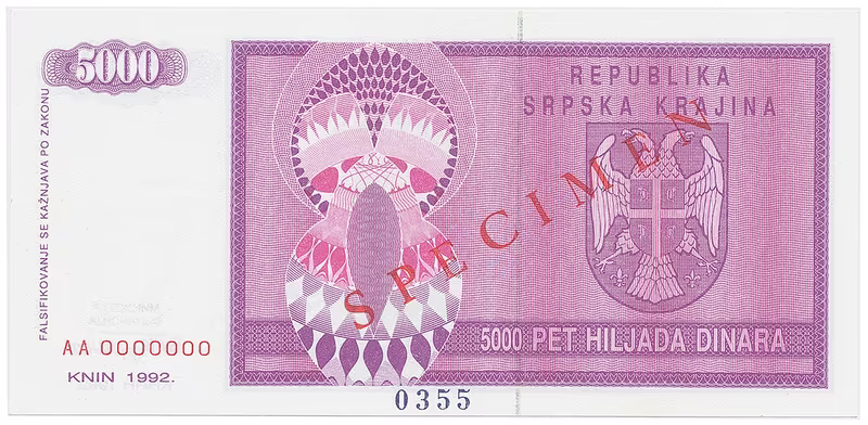Chorvatsko - Srbská Krajina, 5000 Dinara 1992, bankovní vzor, AA 0000000, přet. SPECIMEN, P.R6s