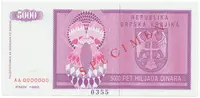 Chorvatsko - Srbská Krajina, 5000 Dinara 1992, bankovní vzor, AA 0000000, přet. SPECIMEN, P.R6s