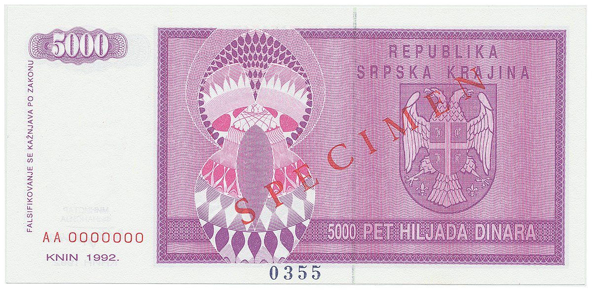 Chorvatsko - Srbská Krajina, 5000 Dinara 1992, bankovní vzor, AA 0000000, přet. SPECIMEN, P.R6s
