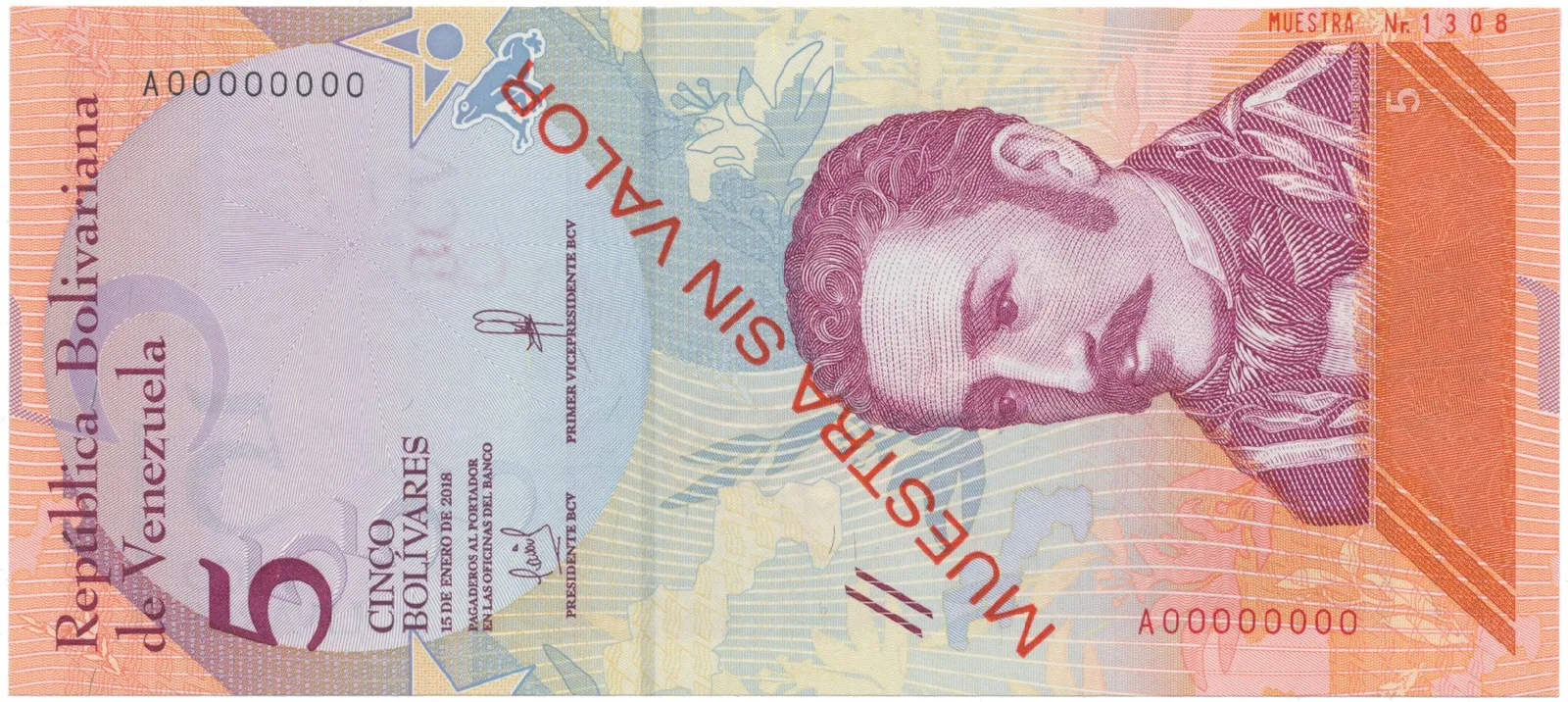Venezuela, 5 Bolivares 2018, anulát - MUESTRA SIN VALOR, P.102as