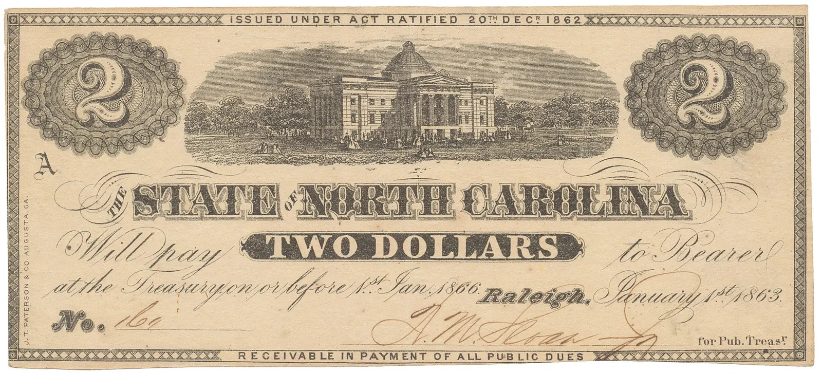USA, North Carolina, 2 Dollars 1. 1. 1863