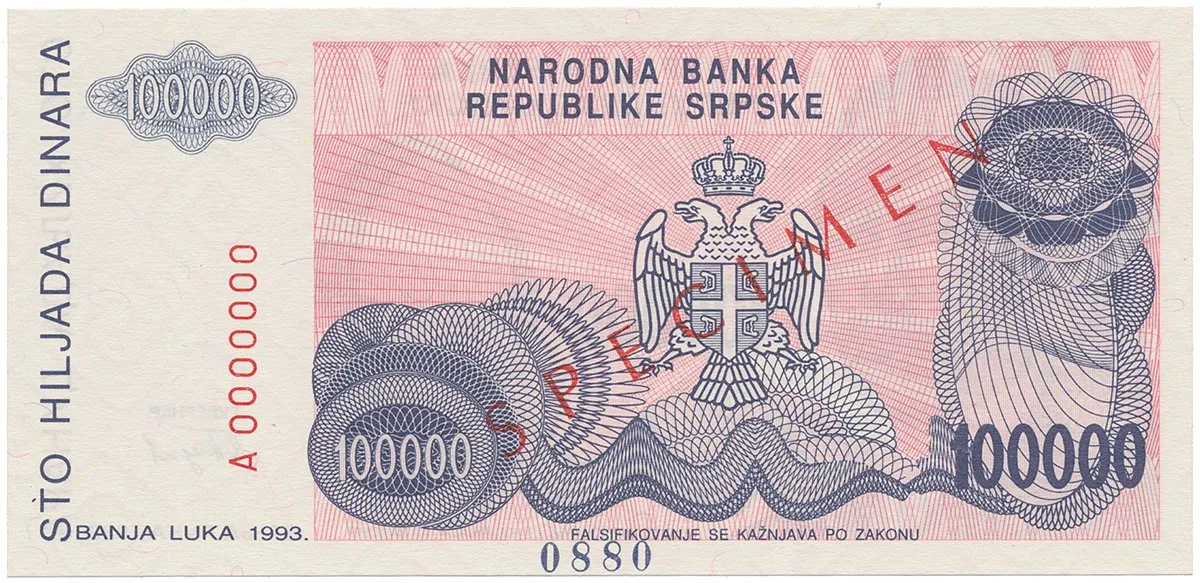 Bosna a Hercegovina, 100.000 Dinara 1993, bankovní vzor, A 0000000, přet. SPECIMEN, P.151s