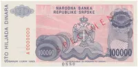 Bosna a Hercegovina, 100.000 Dinara 1993, bankovní vzor, A 0000000, přet. SPECIMEN, P.151s