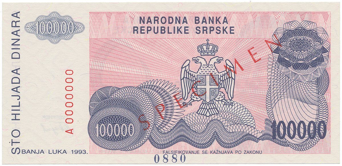 Bosna a Hercegovina, 100.000 Dinara 1993, bankovní vzor, A 0000000, přet. SPECIMEN, P.151s