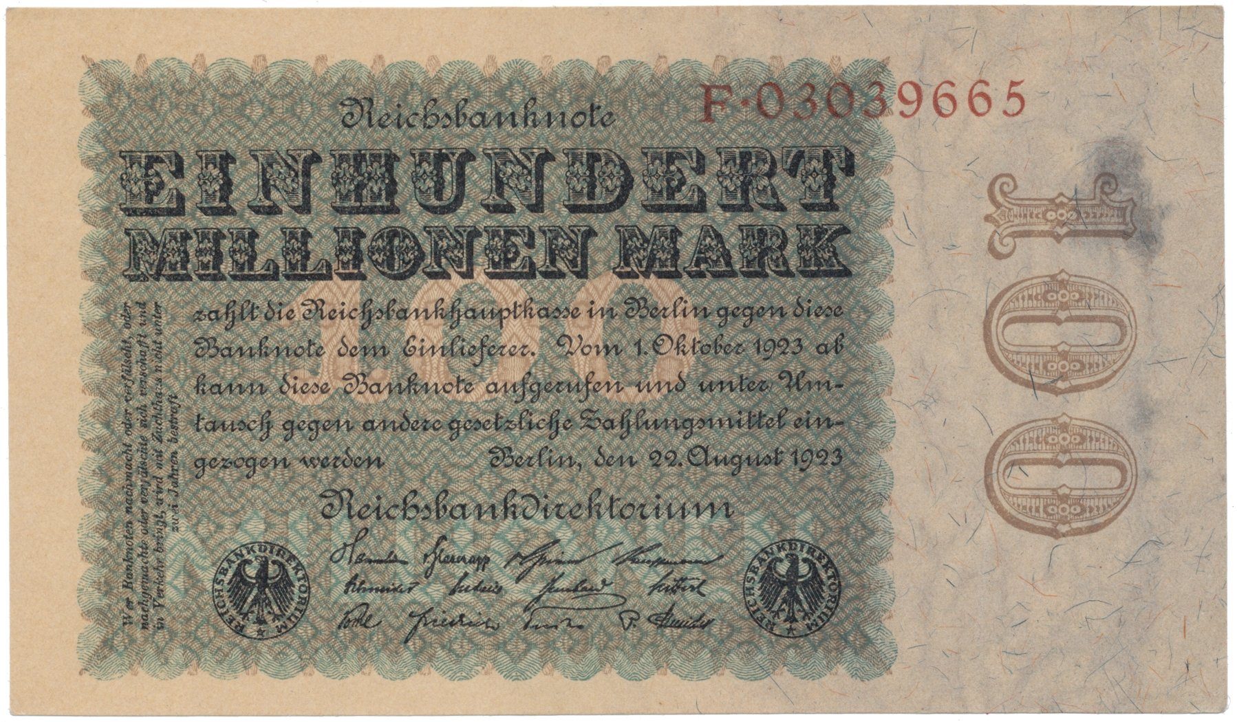 Německo, 100 Millionen Mark 1923, Eichenlaub, Ro.106a