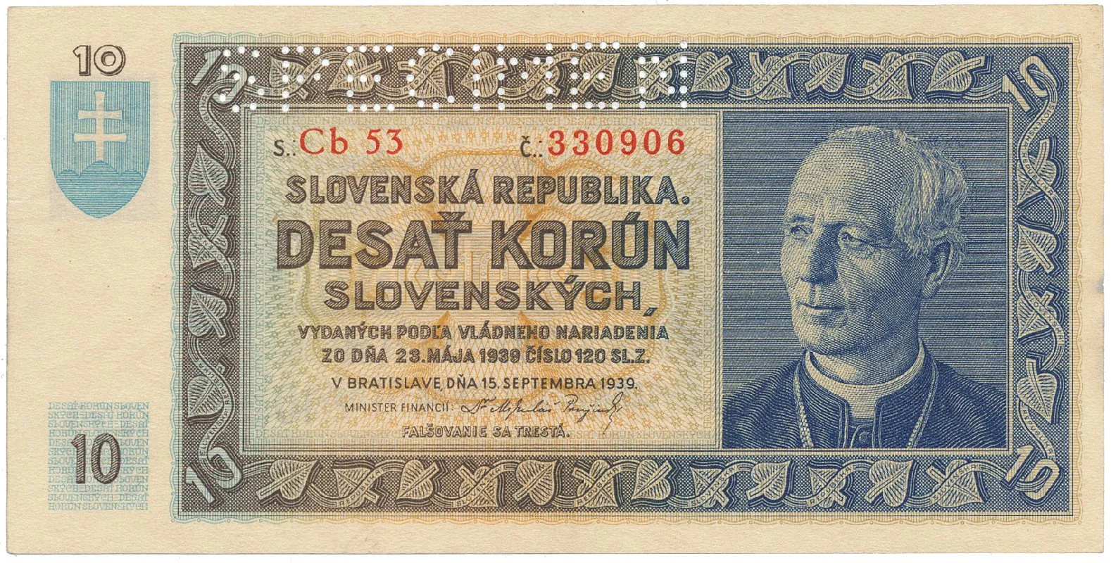 Slovensko, 10 Koruna 1939, 1x SPECIMEN nahoře, Hej.46a2.S1