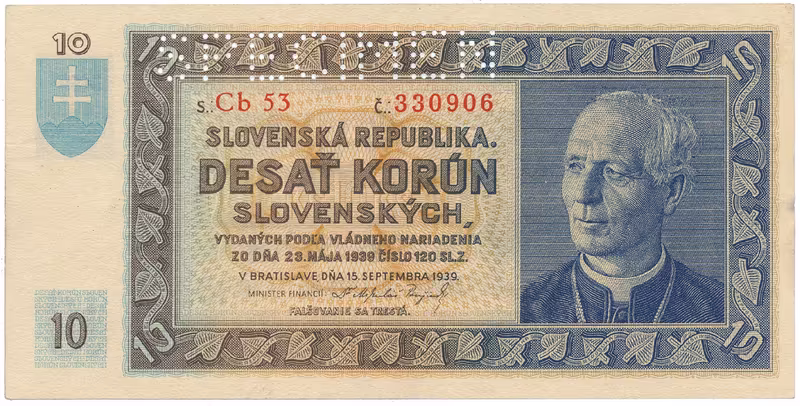 Slovensko, 10 Koruna 1939, 1x SPECIMEN nahoře, Hej.46a2.S1