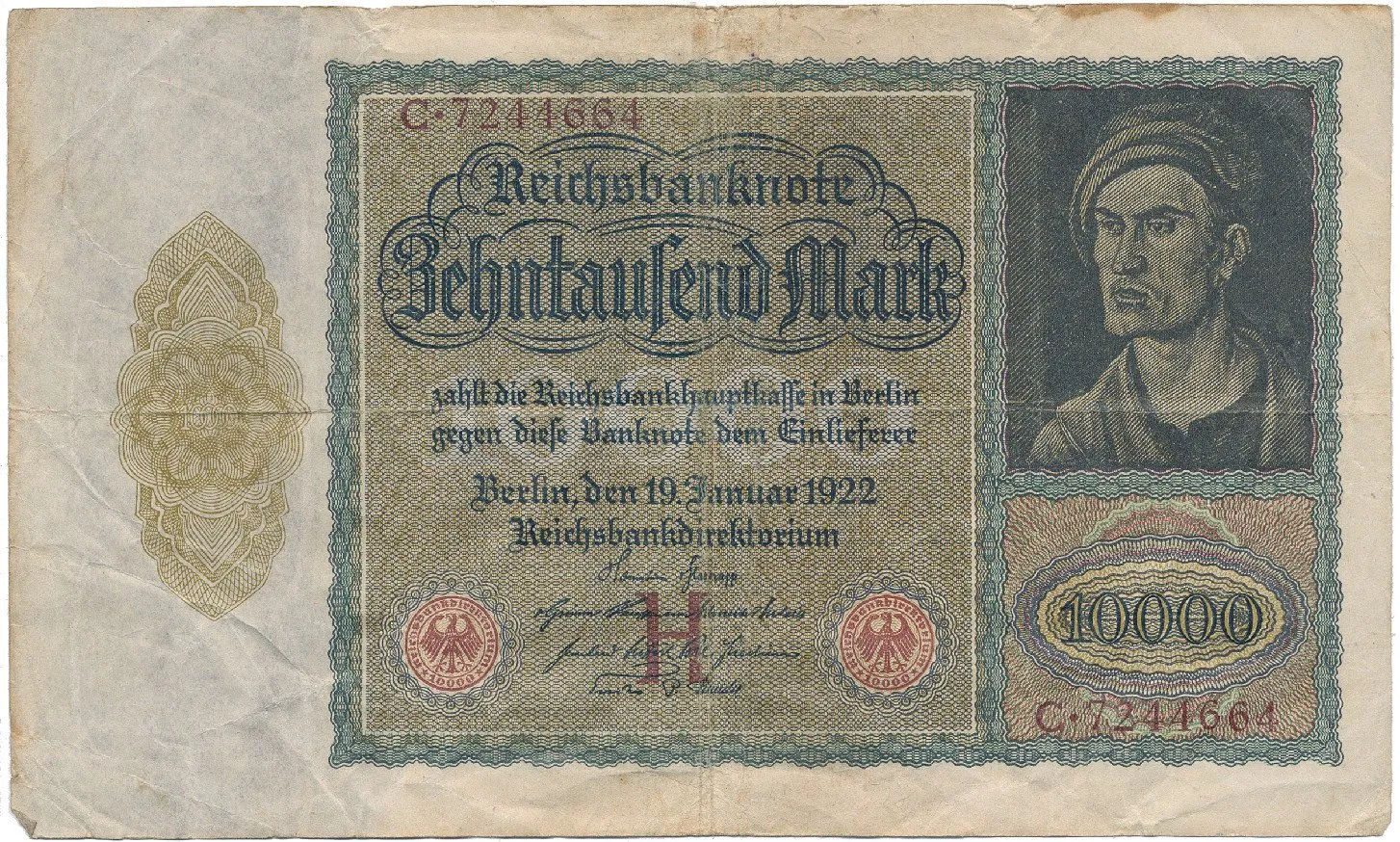 Německo, 10.000 Mark 1922, velký formát, Ro.68a