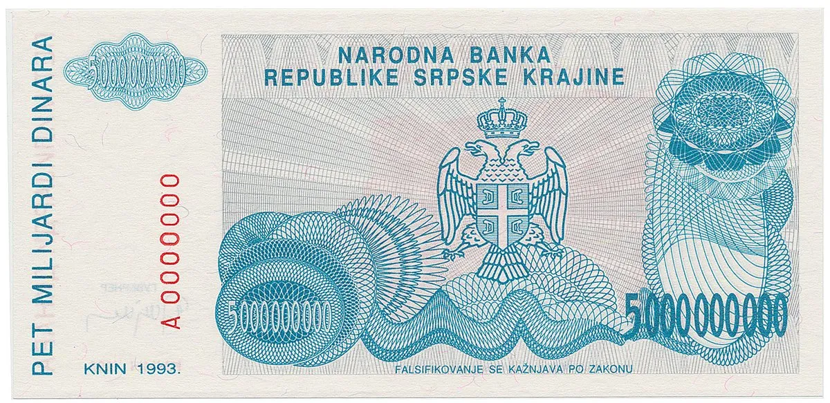 Chorvatsko - Srbská Krajina, 5 Milijardi Dinara 1993, anulát, A 0000000, P.R27