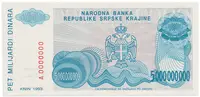Chorvatsko - Srbská Krajina, 5 Milijardi Dinara 1993, anulát, A 0000000, P.R27