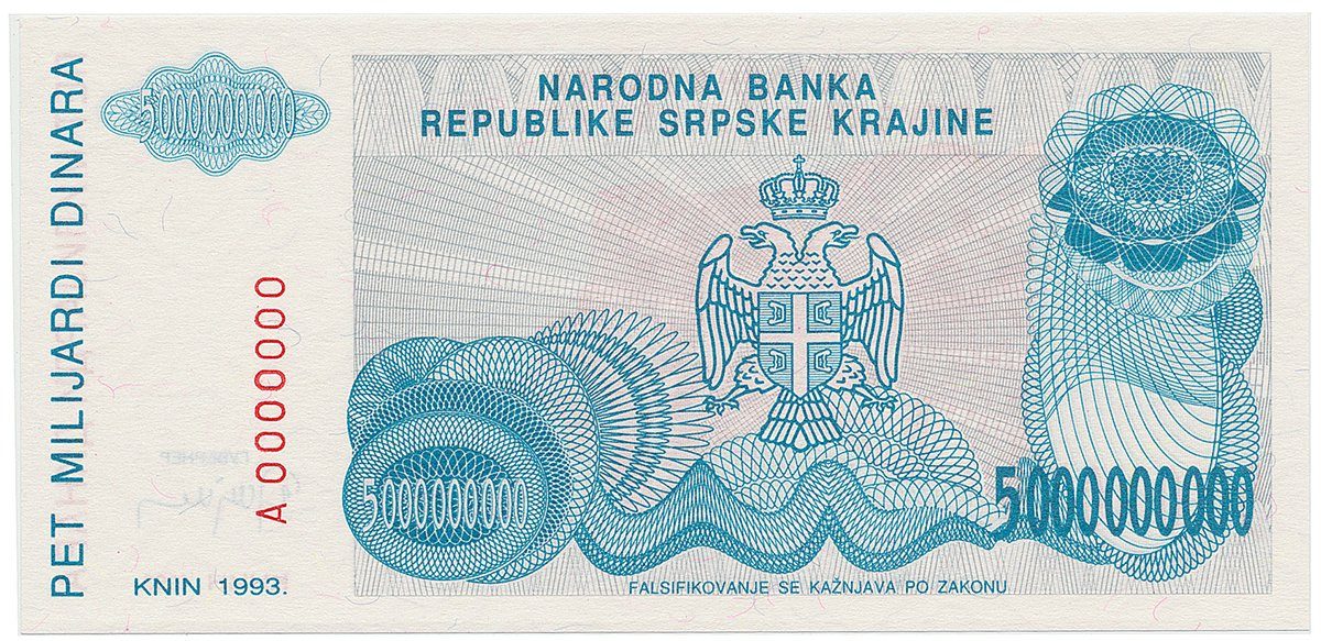 Chorvatsko - Srbská Krajina, 5 Milijardi Dinara 1993, anulát, A 0000000, P.R27