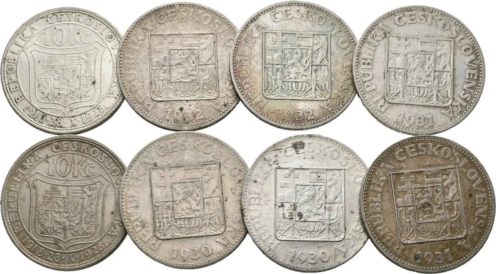 10 Koruna 1928 - Masaryk, 1930, 1931, 1932 (po 2 kusech), oběhové zachovalosti, — 1