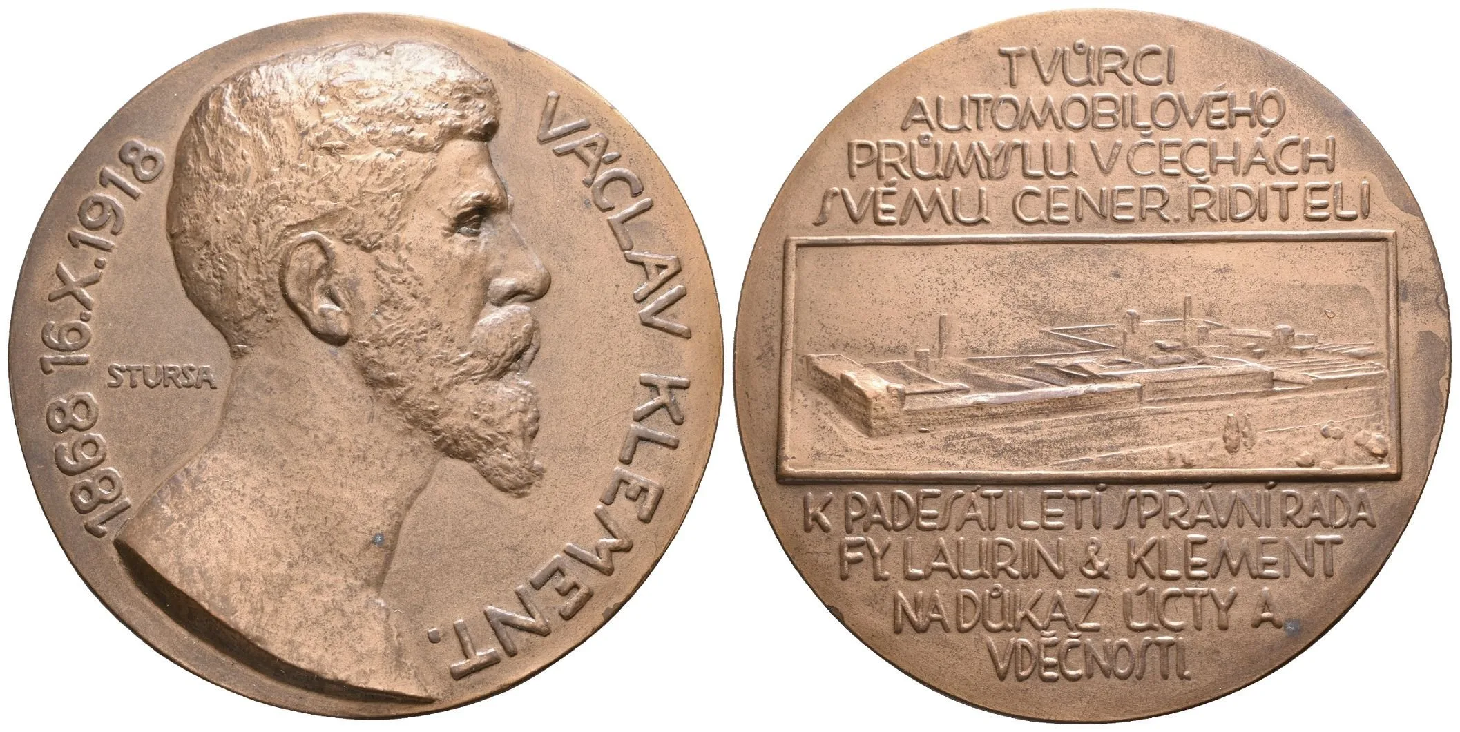 AE Medaile 1918 - 50. výročí narození Václava Klementa. Hlava zprava, opis / — 1