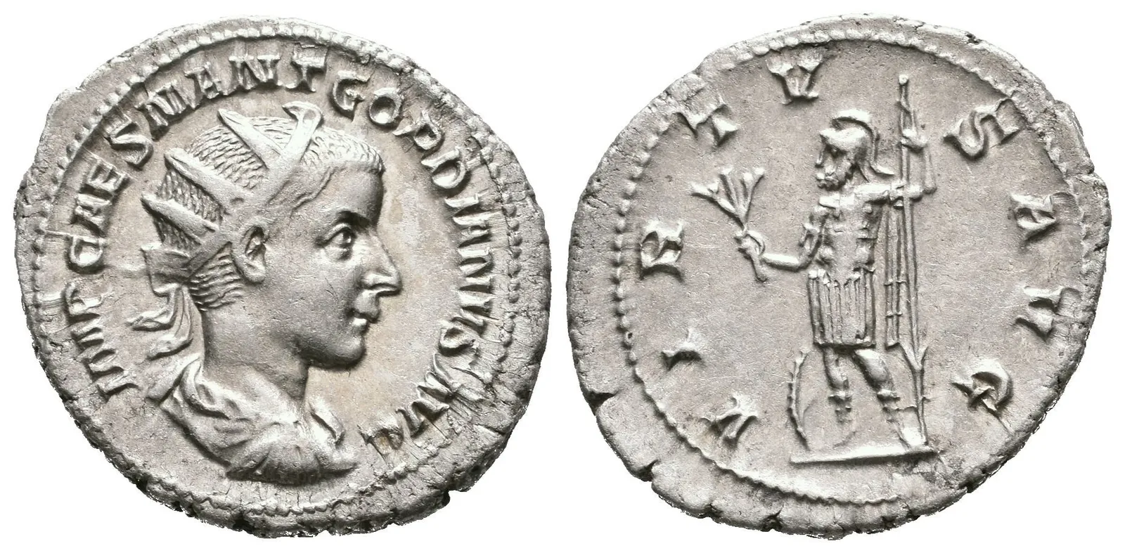 Antoninian, 240, Rv: VIRTVS AVG, stojící Virtus čelně drží oštěp, u nohou — 1