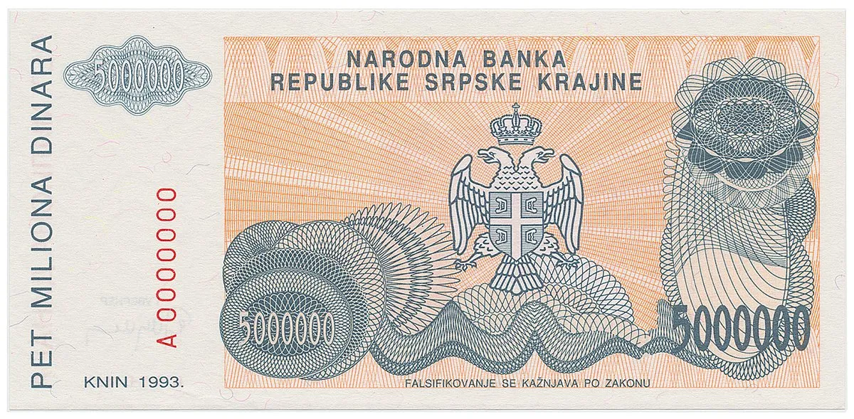 Chorvatsko - Srbská Krajina, 5 Miliona Dinara 1993, anulát, A 0000000, P.R24