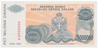 Chorvatsko - Srbská Krajina, 5 Miliona Dinara 1993, anulát, A 0000000, P.R24