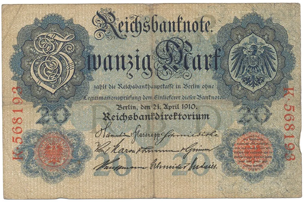 Německo, 20 Mark 1910, 6-místný číslovač, Ro.40a