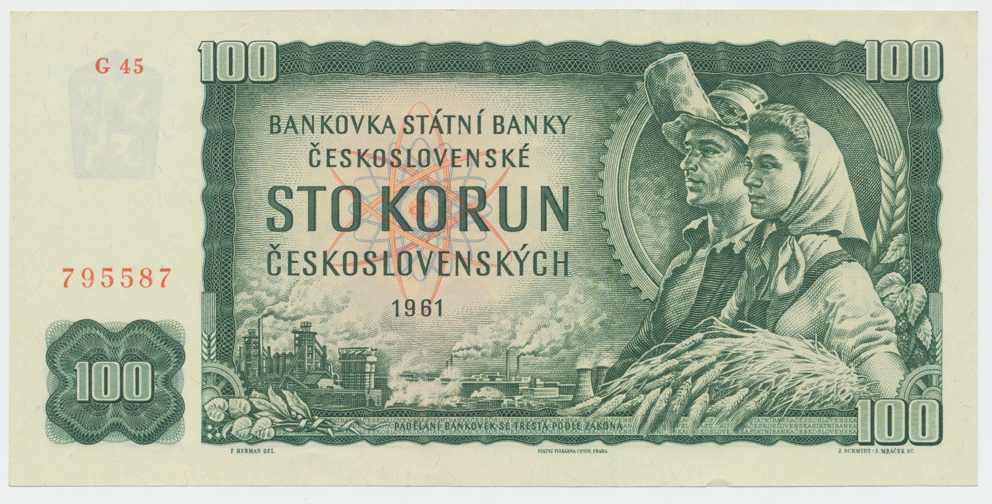 Československo, 100 Koruna 1961, II. vydání, série G, číslovač Grafotechna, Hej.102aG