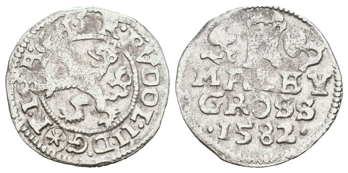 Malý groš 1582, České Budějovice-Schönfeld, HN.16b (opis 7a), značka mincmistra v kroužku, — 1