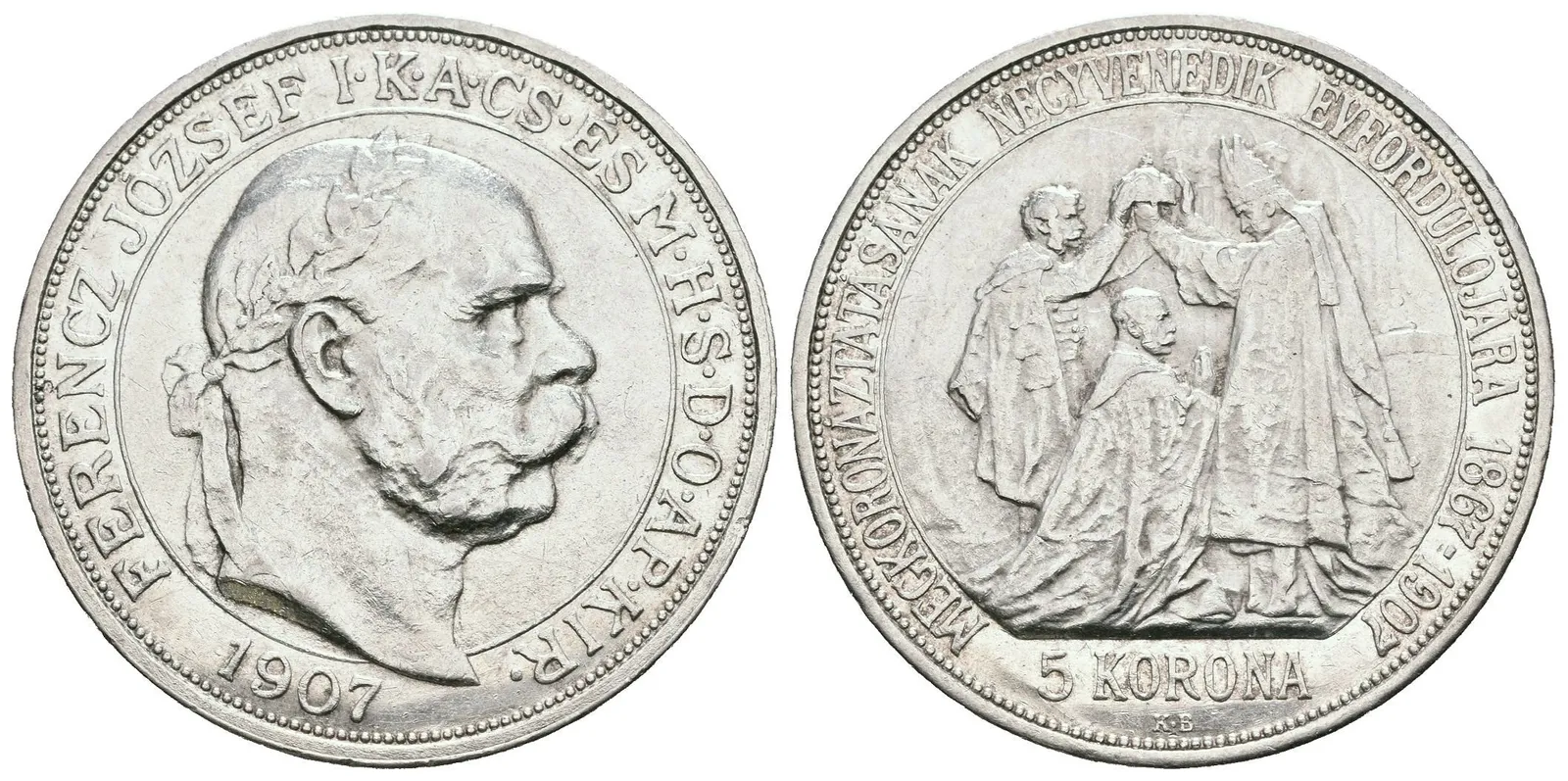 5 Koruna 1907 KB - Jubilejní k 40. výročí korunovace na uherského krále, — 1
