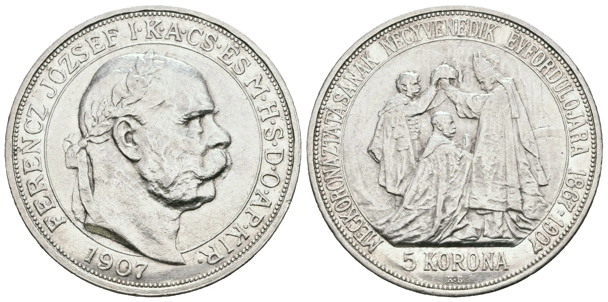 5 Koruna 1907 KB - Jubilejní k 40. výročí korunovace na uherského krále, — 1
