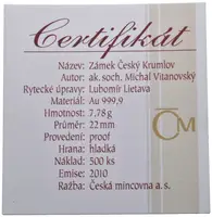 Medaile 2010 (Vitanovský, Lietava) - Zámek Český Krumlov. Au 0,999, 22 mm (7,78 g), — 2