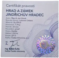 Medaile 2013 (Wichnerová, Lietava) - Hrad a zámek Jindřichův Hradec. Au 0,999, 22 mm — 2